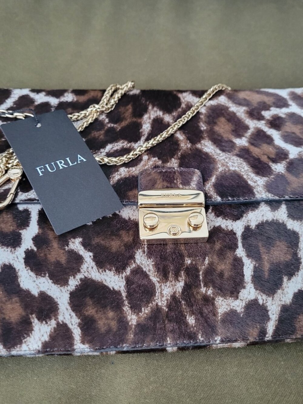 FURLA Cowhide Animal Print Clutch Genuine Leather Gold Chain shoulder bag purse